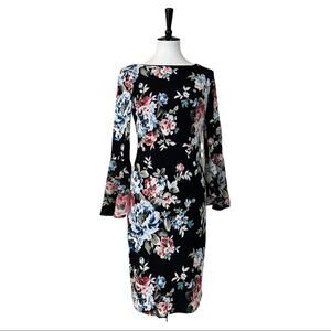 White House Black Market WHBM Bell Sleeve Shift Dress Black Pink Floral Size S